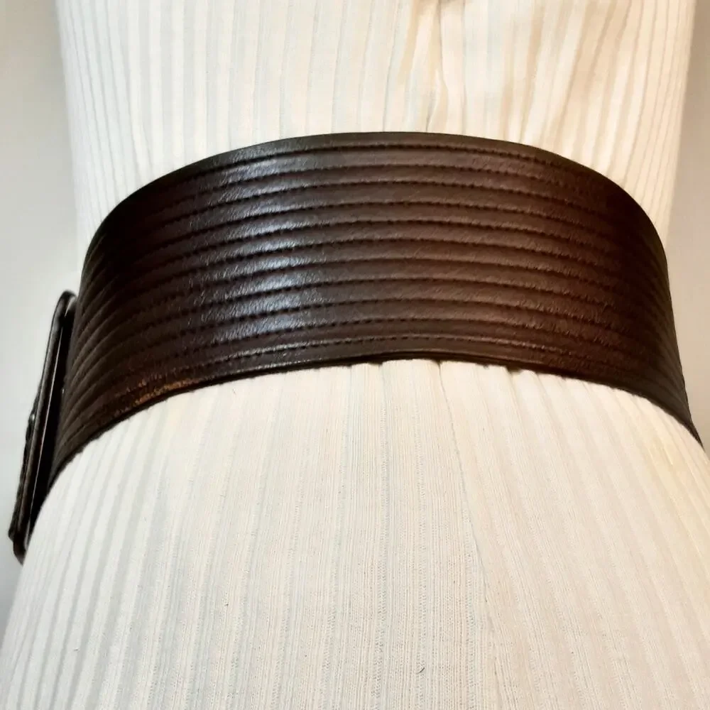 💎Armani Exchange Womens Dark Brown Wide Ribbed Leather Belt Size XS Soft